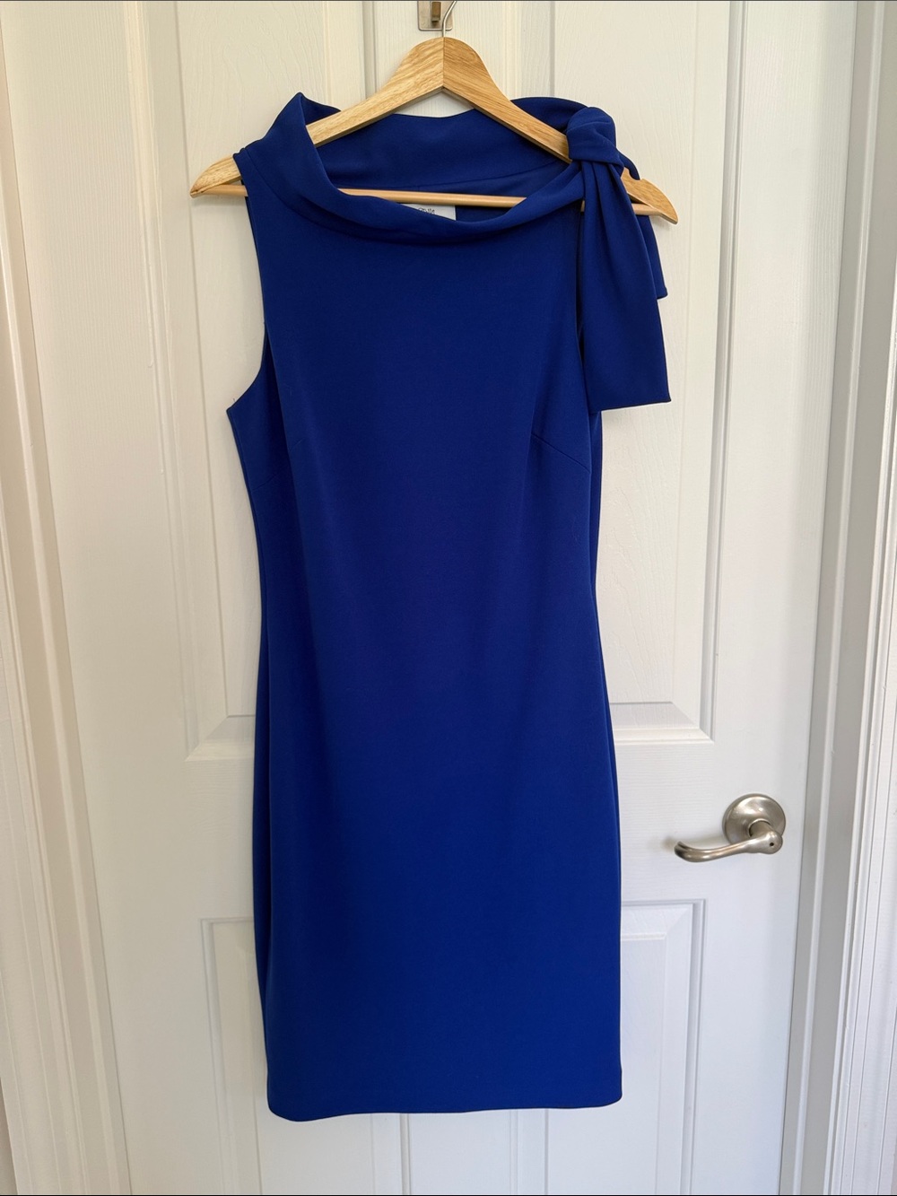 Badgley Mischka Cobalt Blue Sleeveless Midi Dress with Shoulder Bow
